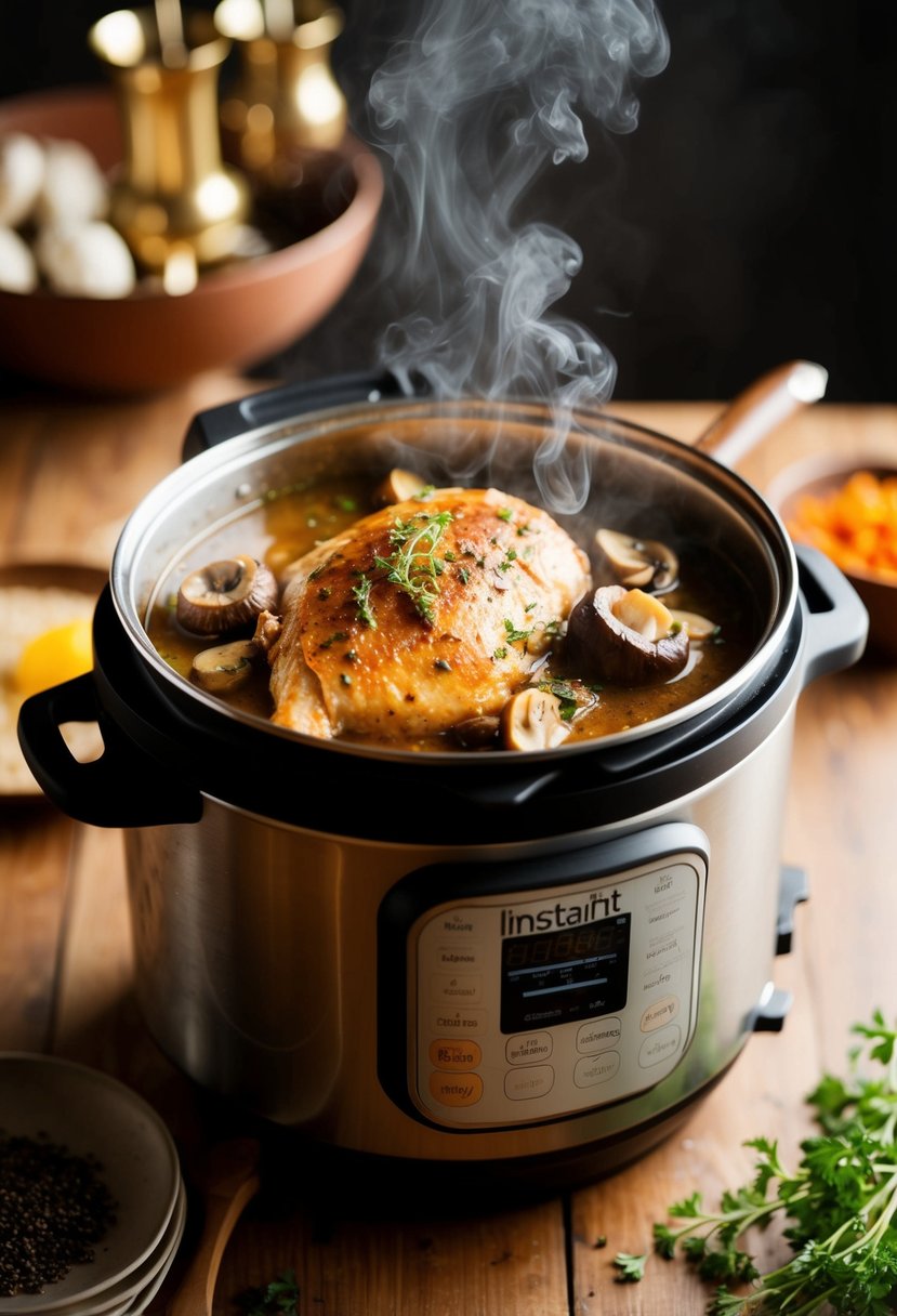 A steaming Instant Pot full of Chicken Marsala with mushrooms and herbs