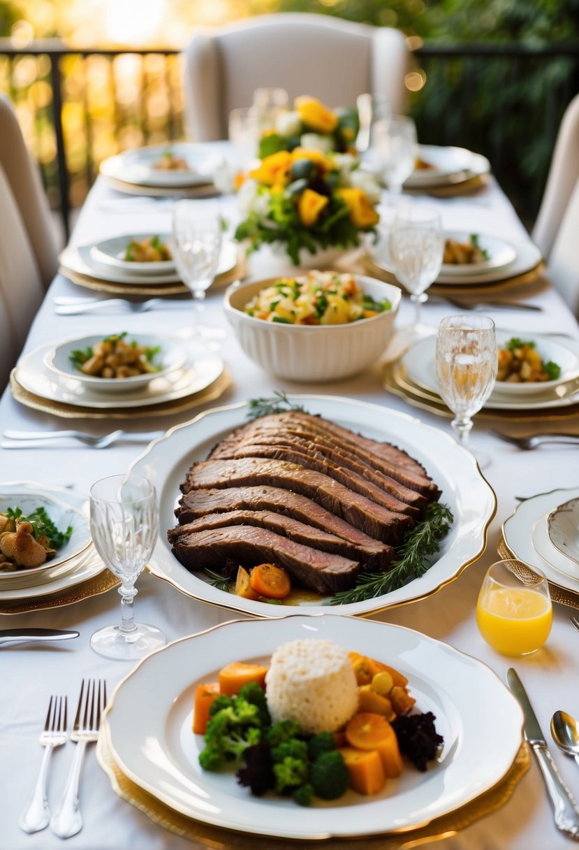 A table set with elegant dinnerware, a beautifully garnished platter of slow-cooked brisket, and assorted side dishes ready for a make-ahead dinner party