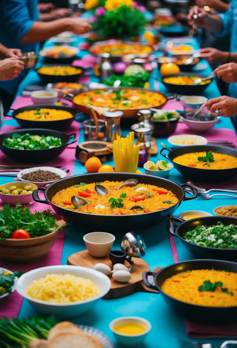 A table set with a colorful array of ingredients and cooking utensils for a lively paella dinner party