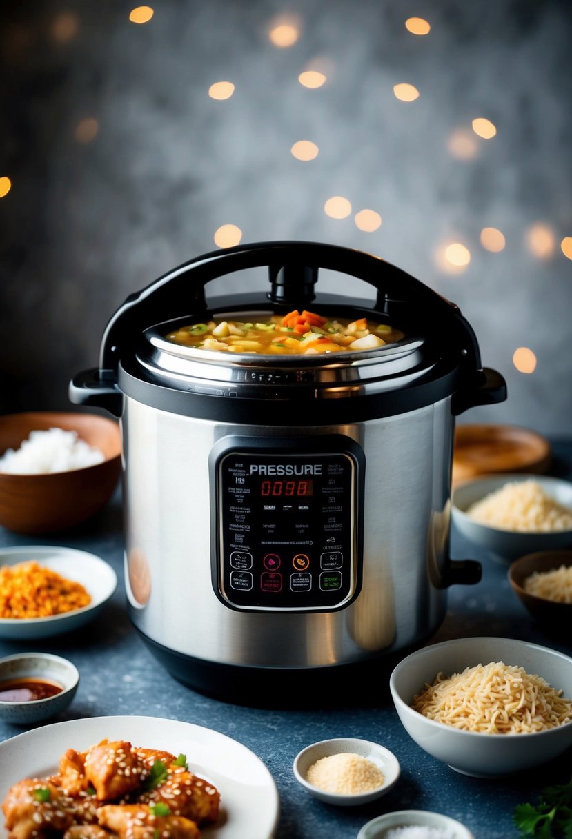 A pressure cooker surrounded by ingredients for sesame chicken