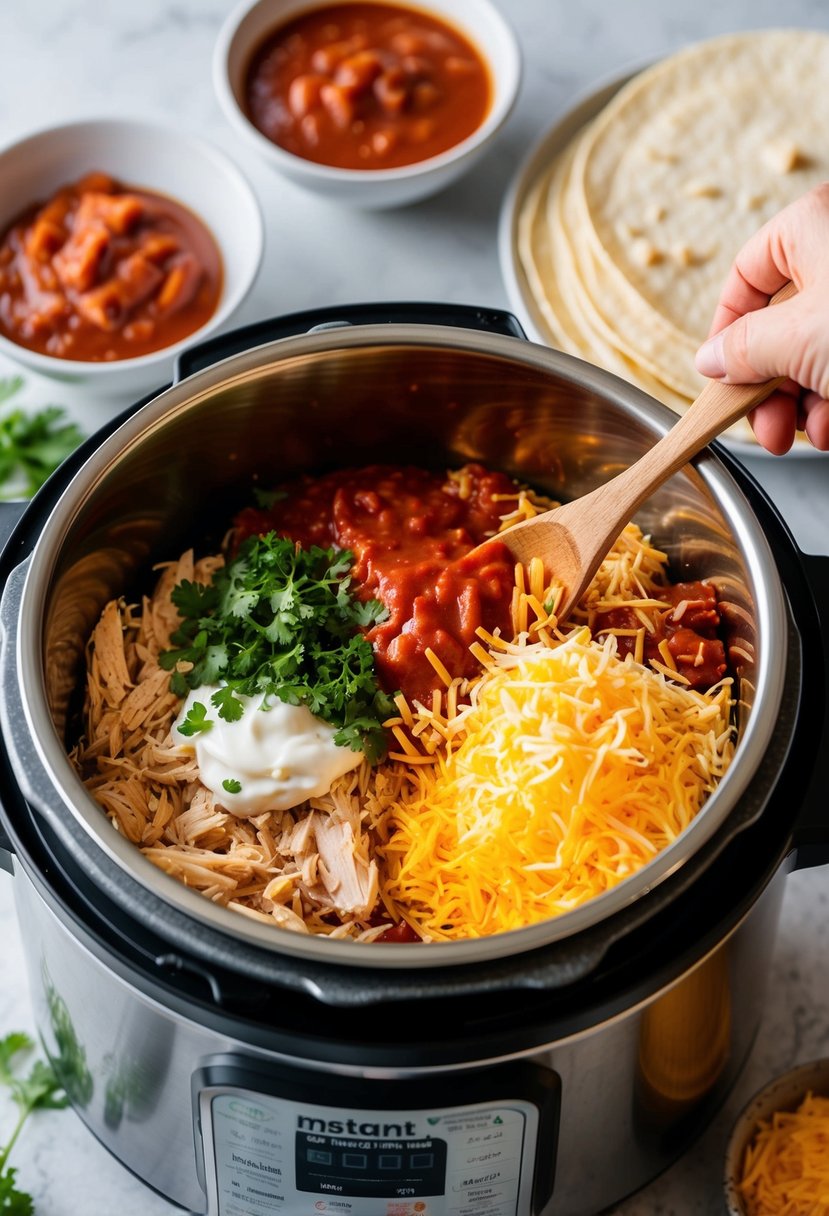 A colorful array of ingredients being placed into an Instant Pot, including shredded chicken, enchilada sauce, tortillas, and cheese