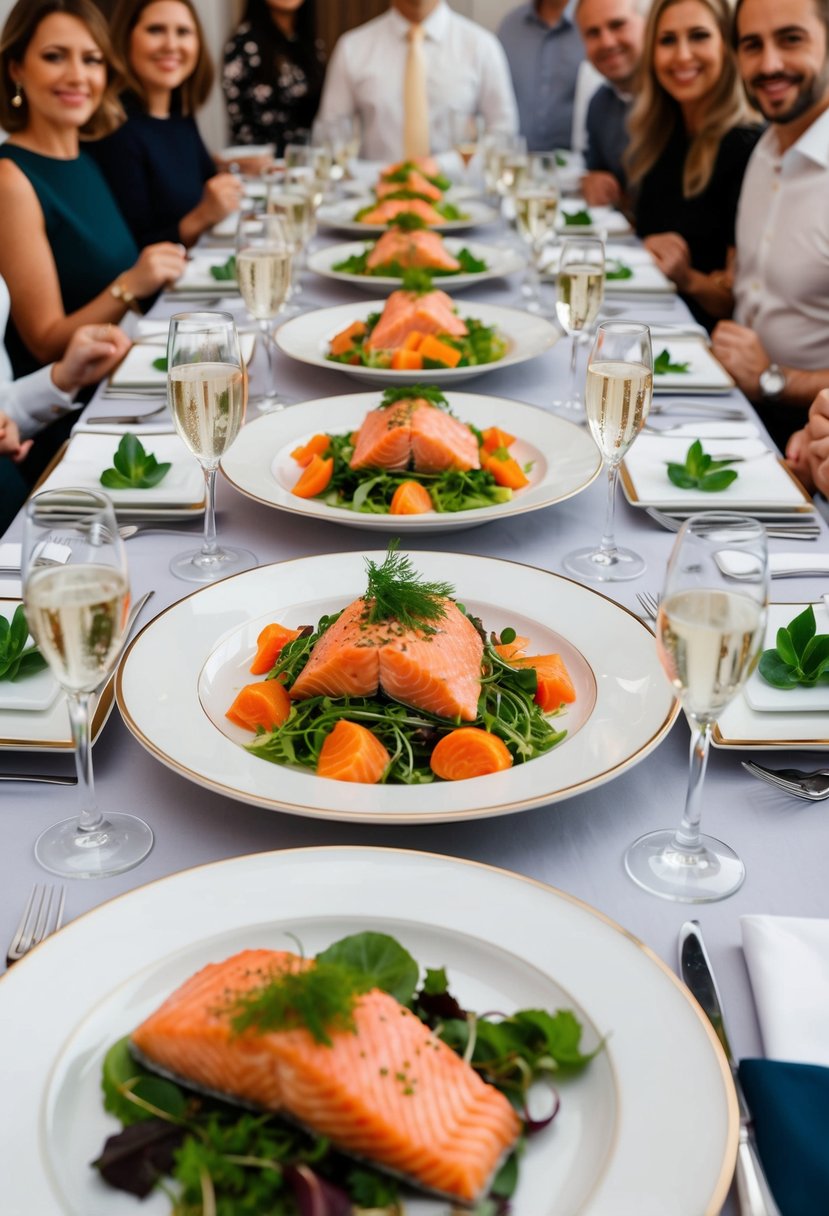 A table set with elegant dinnerware and a platter of succulent salmon dishes surrounded by happy guests