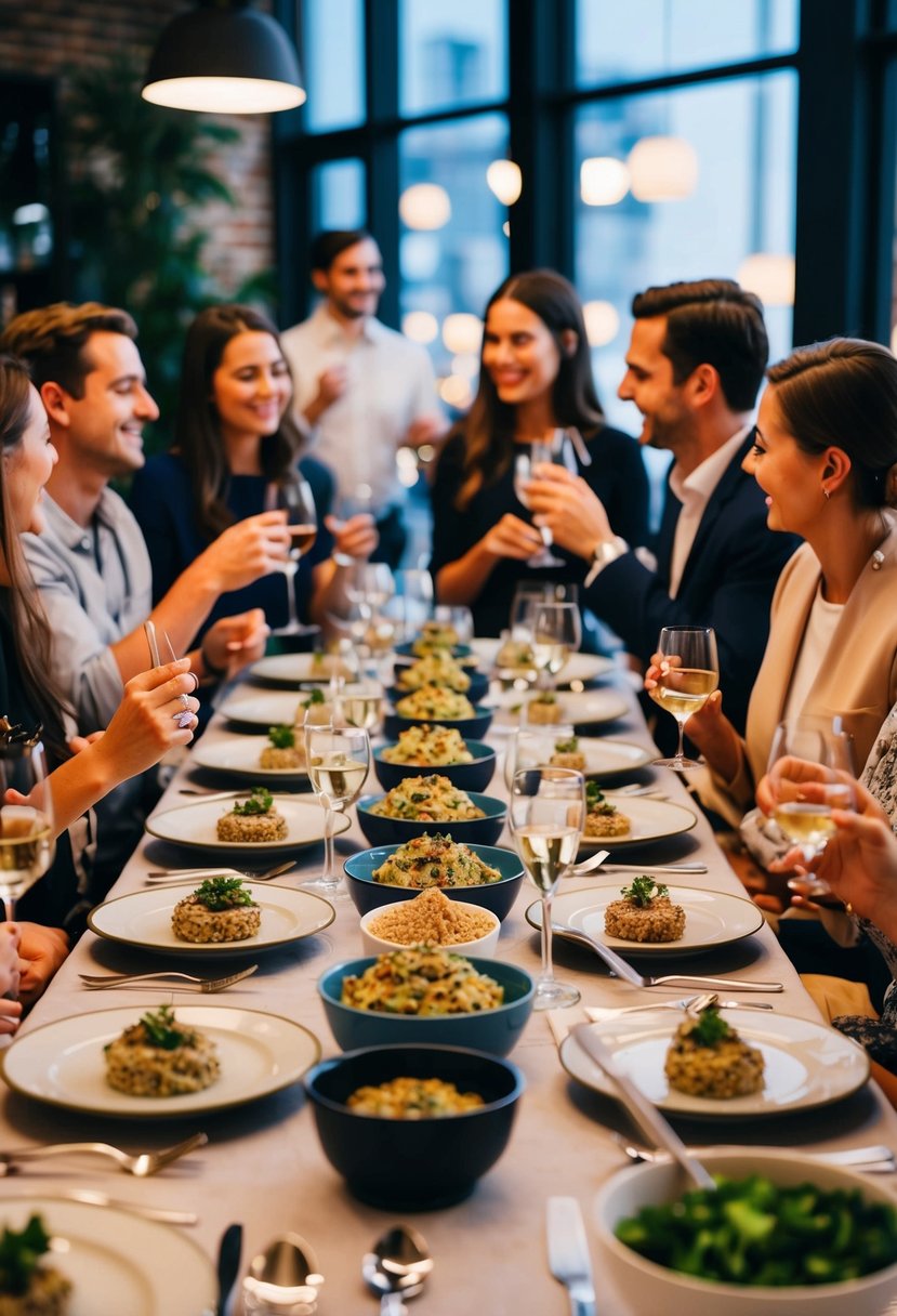 A table set with tapenade-topped dishes, surrounded by friends chatting and enjoying a dinner party