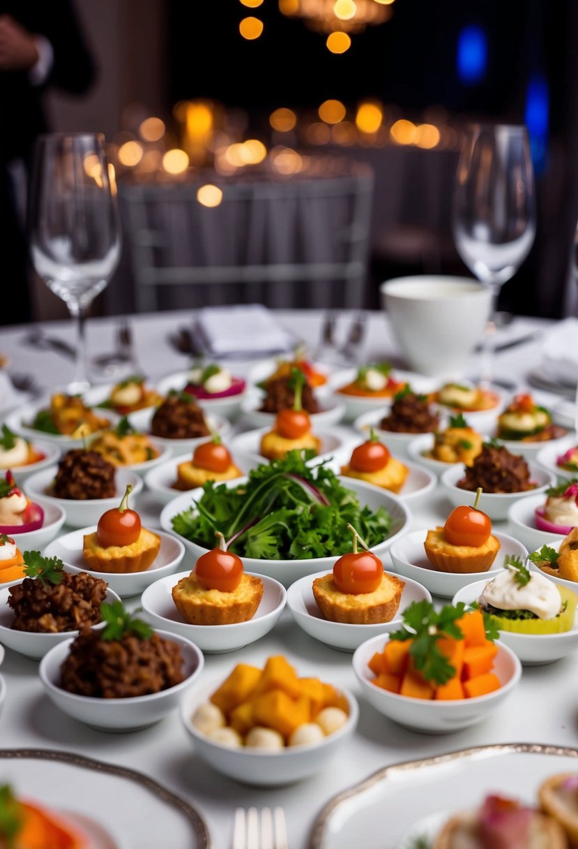 A table filled with various one-bite appetizers, surrounded by elegant dinner party decor and dim lighting