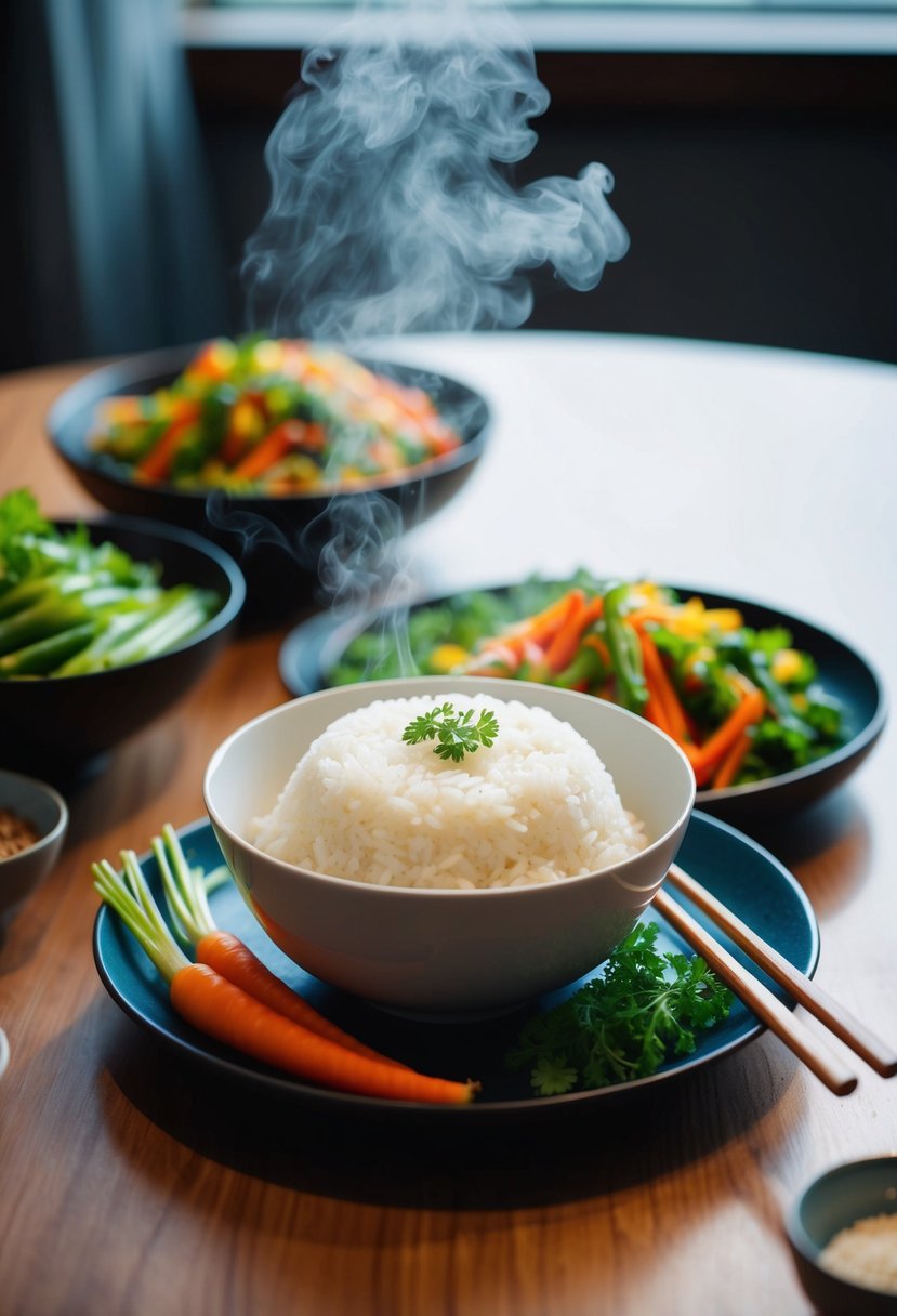 A table set with a steaming bowl of rice surrounded by colorful vegetables and herbs, with chopsticks placed neatly beside