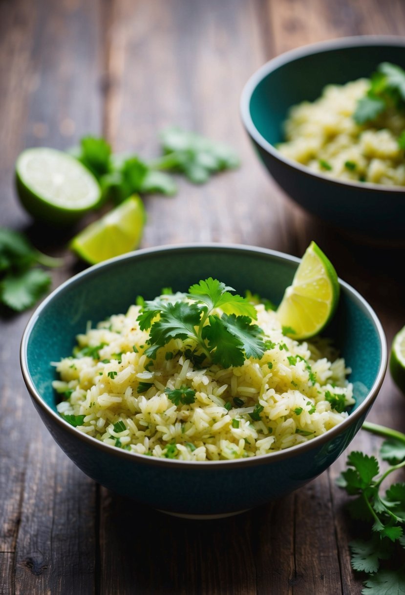 A steaming bowl of garlic cilantro lime rice, garnished with fresh herbs and lime wedges, sits on a rustic wooden table