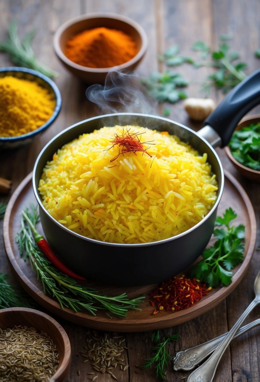 A steaming pot of Iranian Yellow Rice with Saffron, surrounded by vibrant spices and herbs on a rustic wooden table