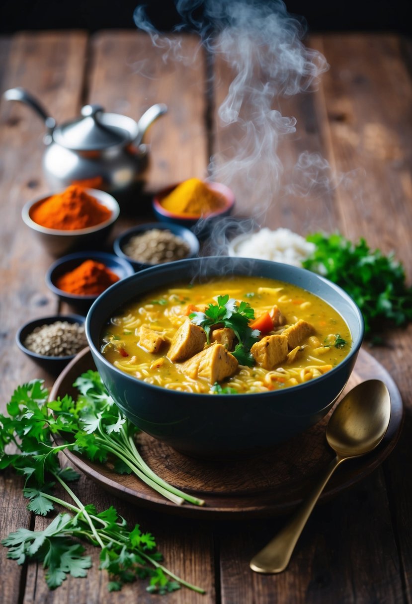 A steaming bowl of curried chicken and rice soup sits on a rustic wooden table, surrounded by colorful spices and fresh herbs