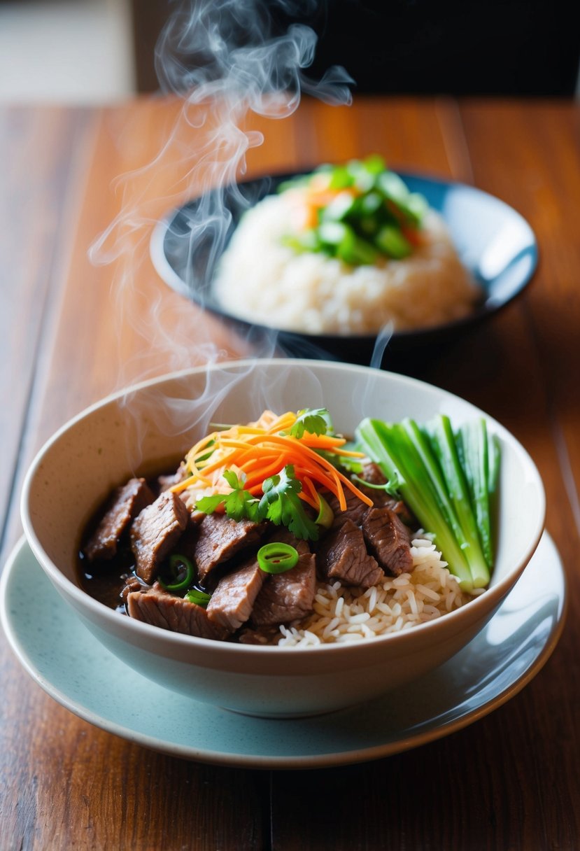 A steaming bowl of Asian beef and rice, garnished with fresh vegetables, sits on a wooden table