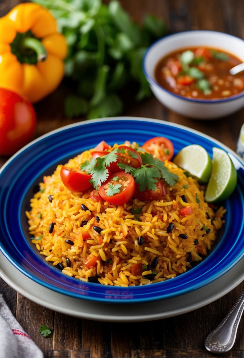 A steaming plate of spicy Mexican rice with colorful peppers and tomatoes, served with a side of fresh salsa and a sprinkle of cilantro