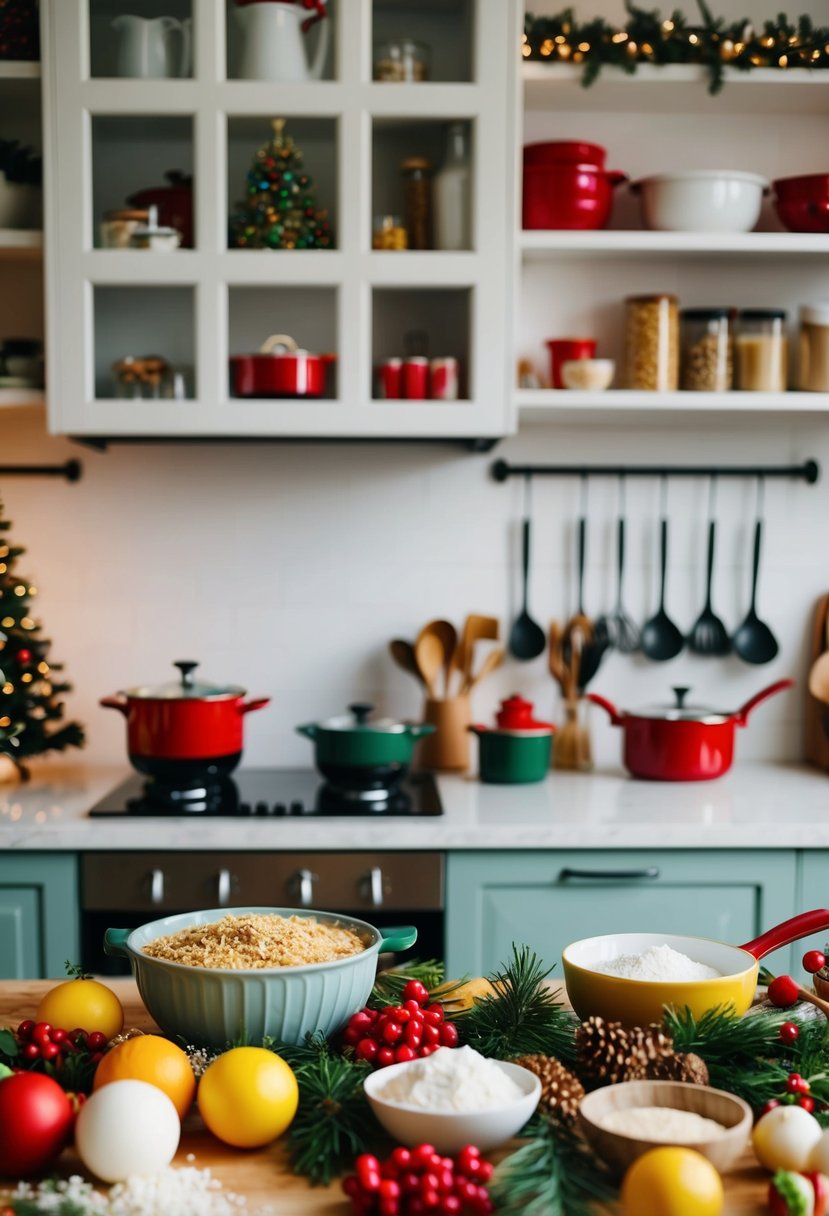 A festive kitchen counter with various ingredients and utensils for making Christmas recipes