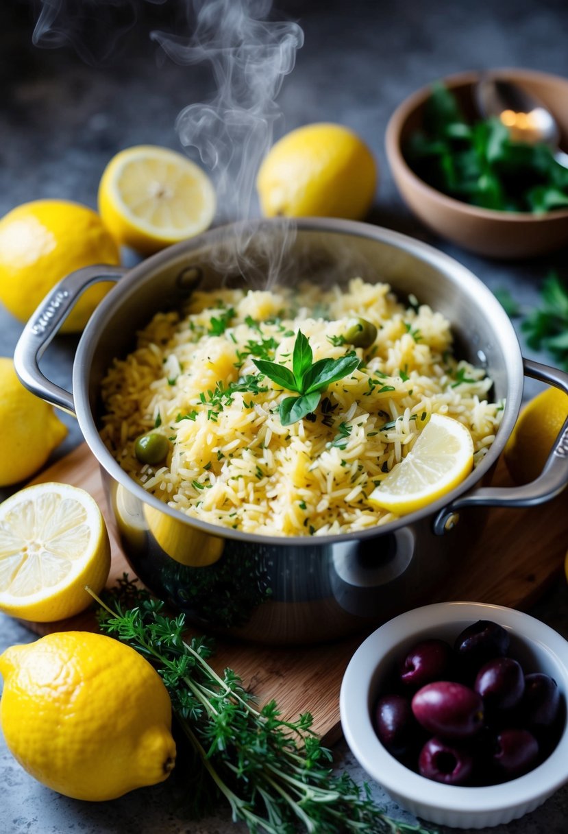 A steaming pot of Greek Lemon Rice Pilaf surrounded by fresh lemons, herbs, and a bowl of olives