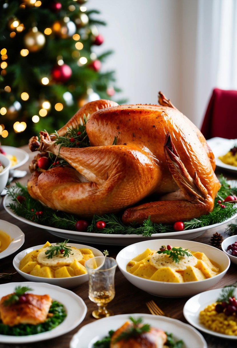 A golden-brown roast turkey surrounded by festive garnishes and accompanied by steaming side dishes on a holiday table