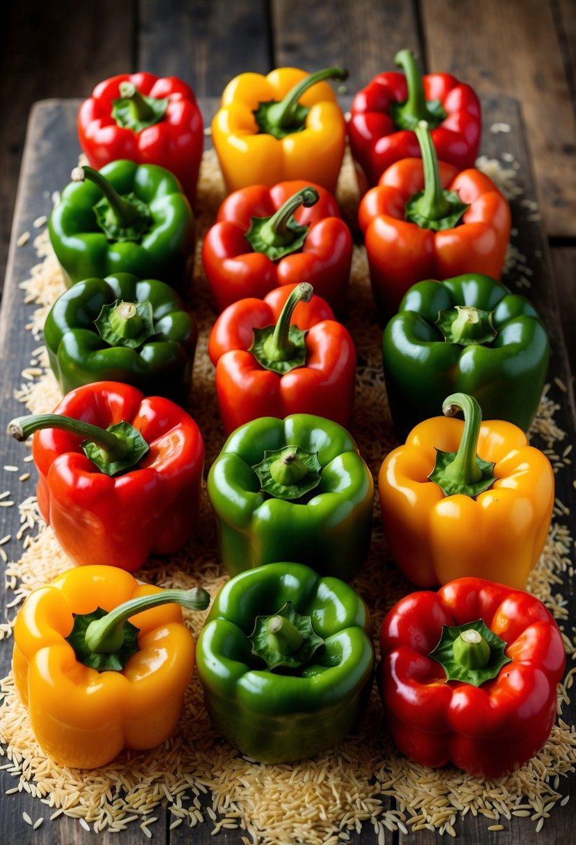 A colorful array of stuffed bell peppers arranged on a rustic wooden table, surrounded by scattered grains of rice