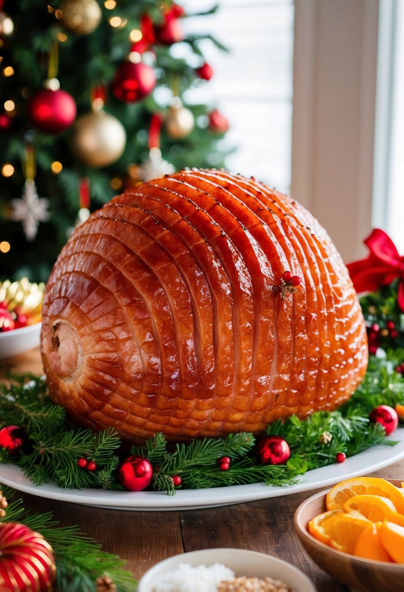 A succulent honey-glazed Christmas ham surrounded by festive garnishes and decorations