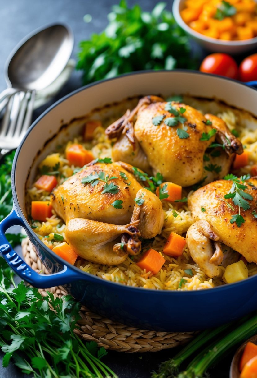 A steaming casserole dish filled with golden-brown chicken and rice, surrounded by fresh herbs and colorful vegetables