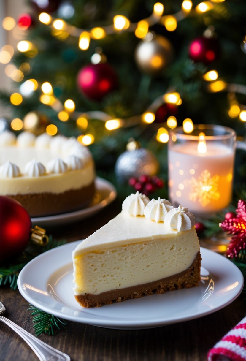 A festive table with a slice of eggnog cheesecake surrounded by holiday decorations and a warm glow from twinkling lights