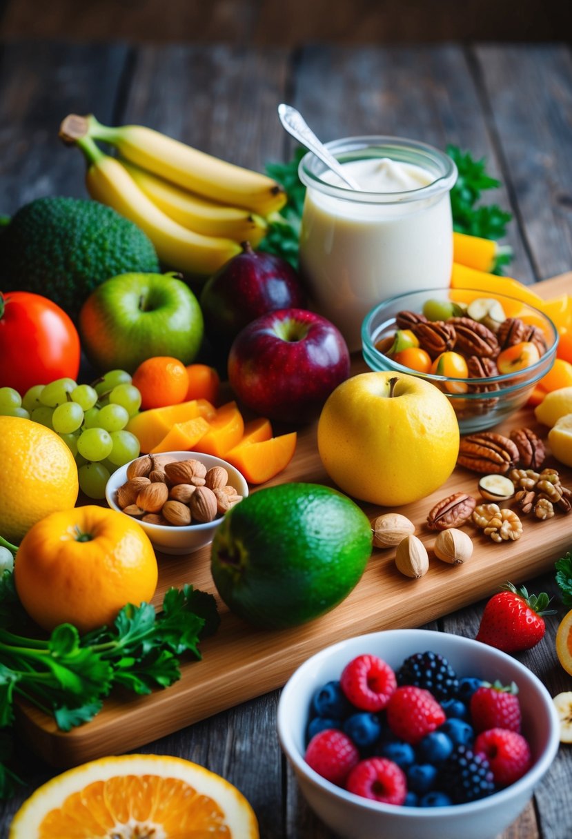 A colorful array of fresh fruits, nuts, and vegetables arranged on a wooden cutting board. A jar of homemade yogurt and a bowl of mixed berries sit nearby