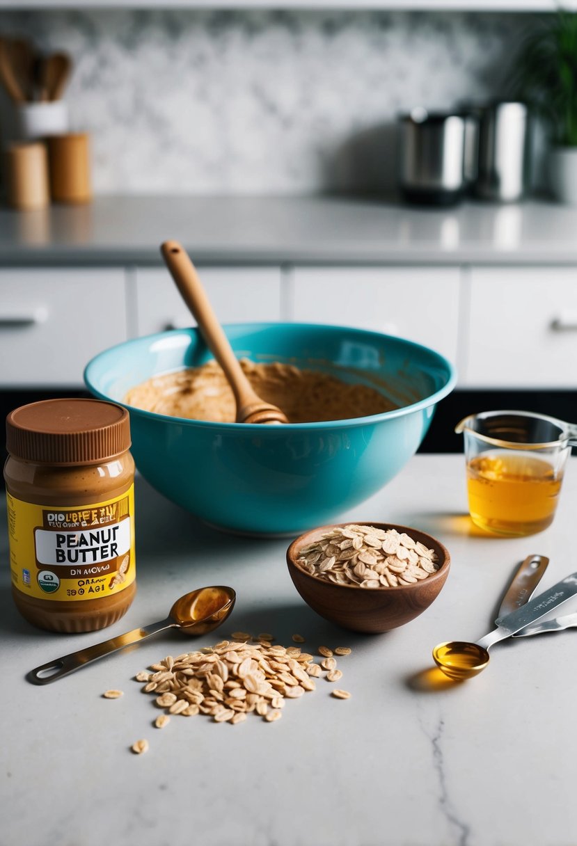 A kitchen counter with ingredients (peanut butter, oats, honey) and a mixing bowl. A spoon and measuring cups are nearby