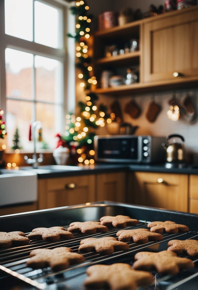 A cozy kitchen with a festive atmosphere, filled with the warm aroma of gingerbread cookies baking in the oven