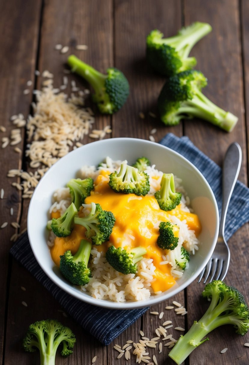 A steaming bowl of cheesy broccoli and rice sits on a rustic wooden table, surrounded by scattered grains of rice and fresh broccoli florets