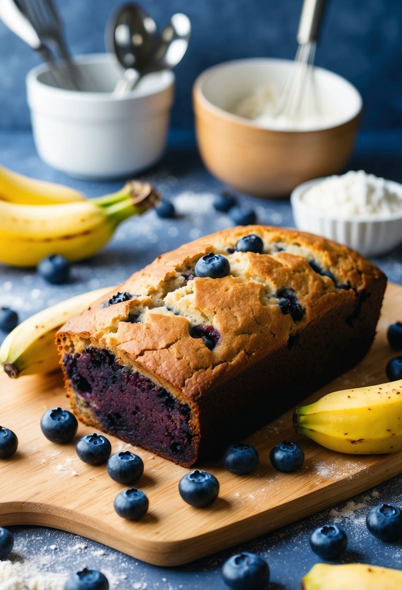 A loaf of blueberry banana bread surrounded by fresh blueberries and bananas on a wooden cutting board, with a scattering of flour and baking utensils in the background