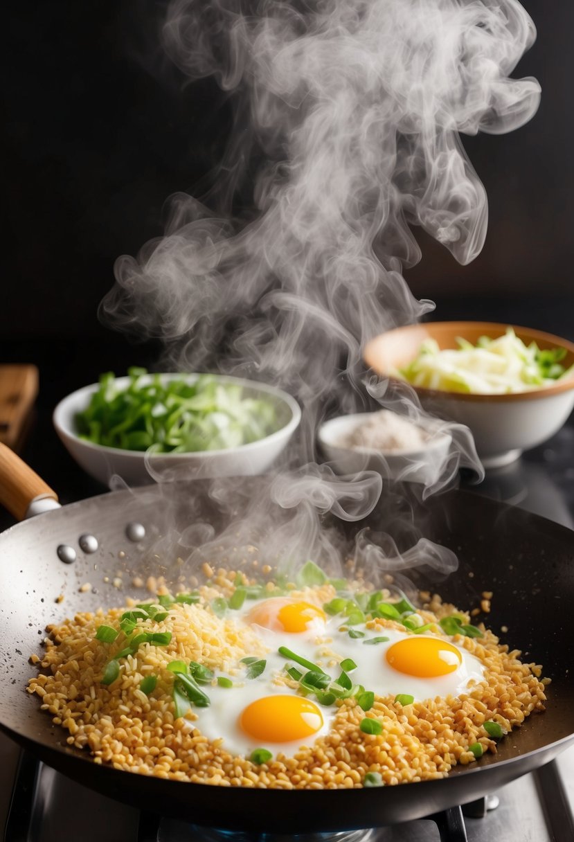 A sizzling wok tosses grains, eggs, and vegetables, creating a fragrant cloud of steam