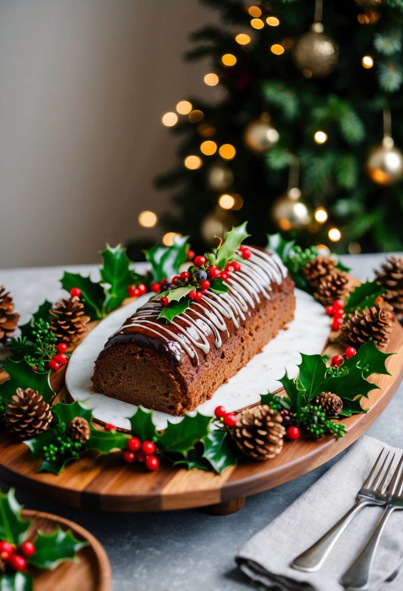 A festive Yule Log Cake surrounded by holly, berries, and pinecones on a wooden serving platter