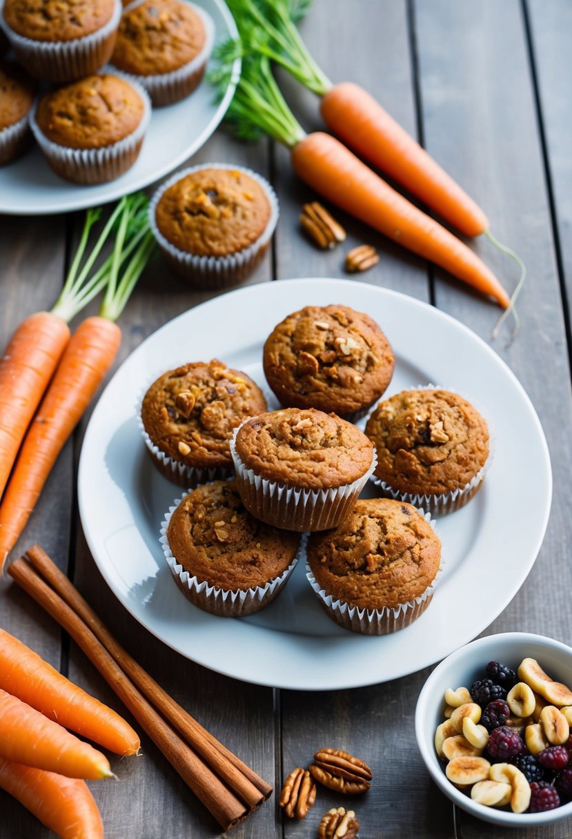 A table set with a plate of carrot cake muffins, surrounded by fresh carrots, cinnamon sticks, and a bowl of nuts and raisins