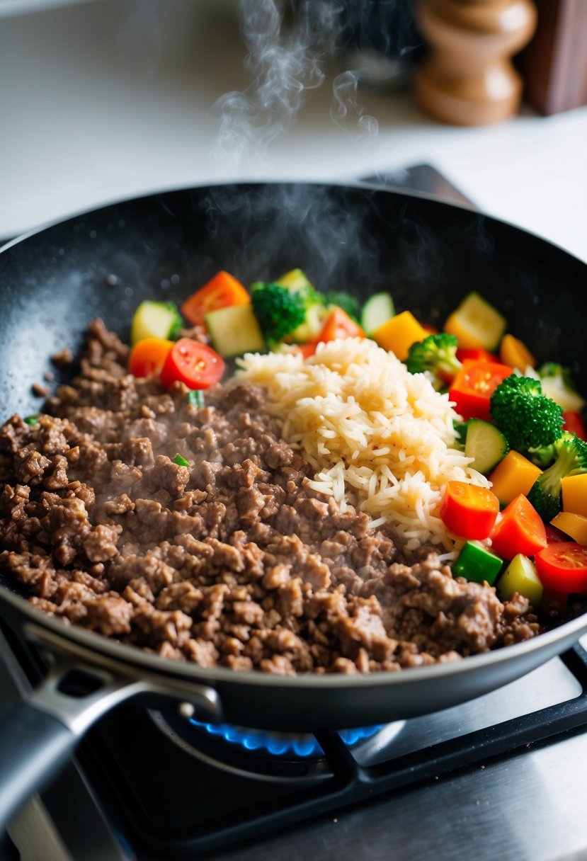 A sizzling skillet with ground beef, rice, and a medley of colorful vegetables cooking together over a hot stove