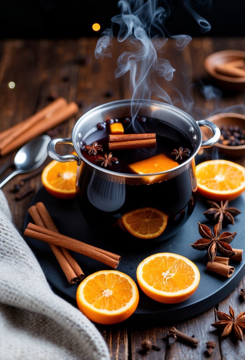 A cozy winter scene with a steaming pot of spiced mulled wine surrounded by cinnamon sticks, cloves, oranges, and star anise