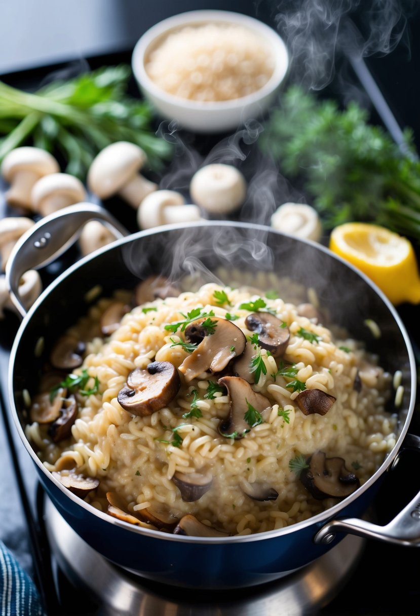 A steaming pot of creamy mushroom risotto bubbling on a stovetop, surrounded by fresh ingredients like mushrooms, arborio rice, and herbs