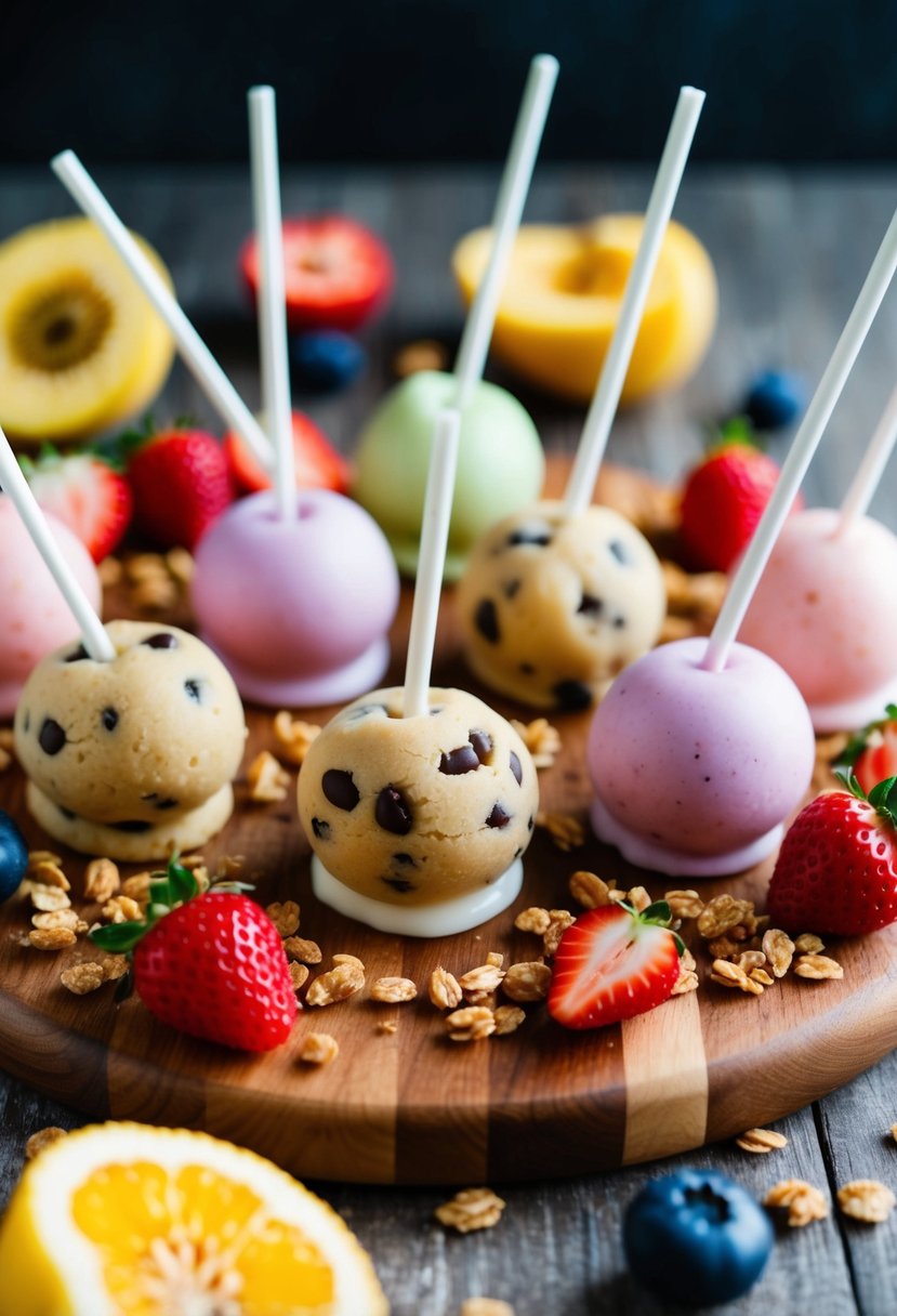 A colorful array of cookie dough yogurt pops surrounded by fresh fruit and granola on a wooden cutting board