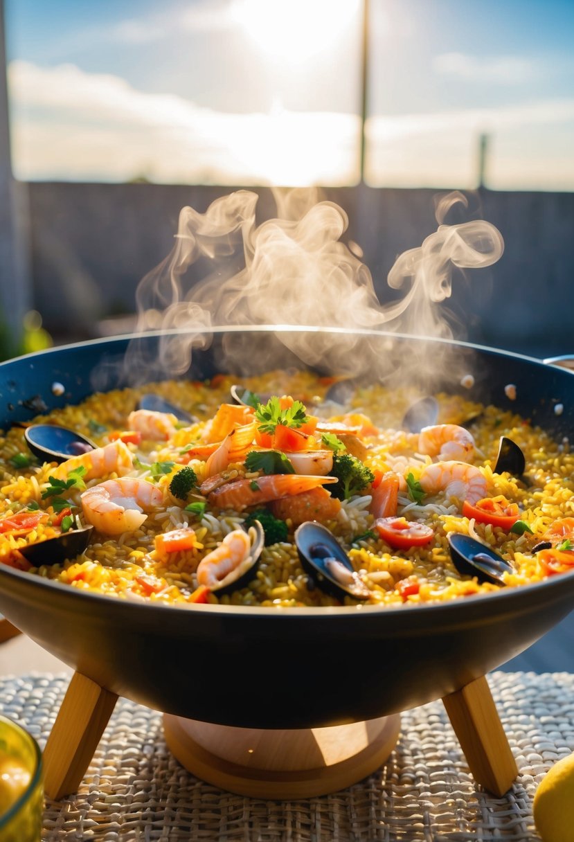 A steaming pan of Spanish paella with a colorful mix of rice, seafood, and vegetables, set against a backdrop of a sunny outdoor setting