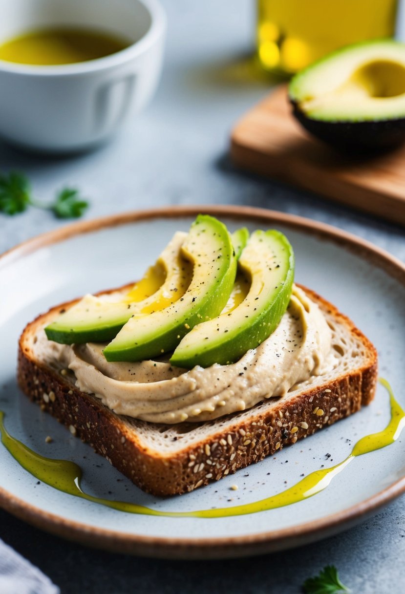 A slice of whole grain toast topped with creamy hummus and sliced avocado, garnished with a sprinkle of black pepper and a drizzle of olive oil