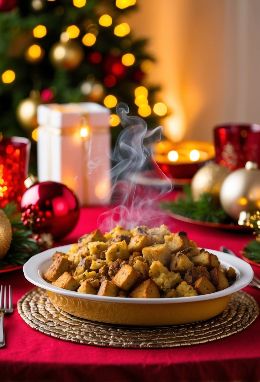 A festive table set with a steaming dish of classic stuffing, surrounded by traditional xmas decorations and warm lighting