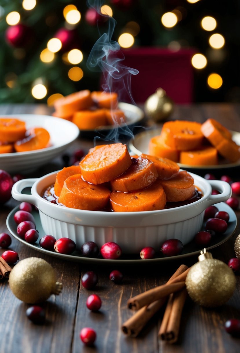 A festive holiday table with a steaming dish of candied yams surrounded by cinnamon sticks and cranberries