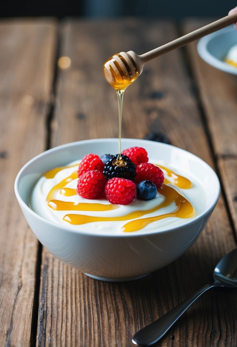 A bowl of Greek yogurt topped with drizzled honey and fresh berries on a wooden table