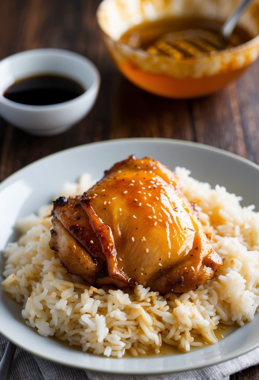 A golden-brown chicken thigh sits atop a bed of fluffy white rice, glazed with a glistening honey soy sauce