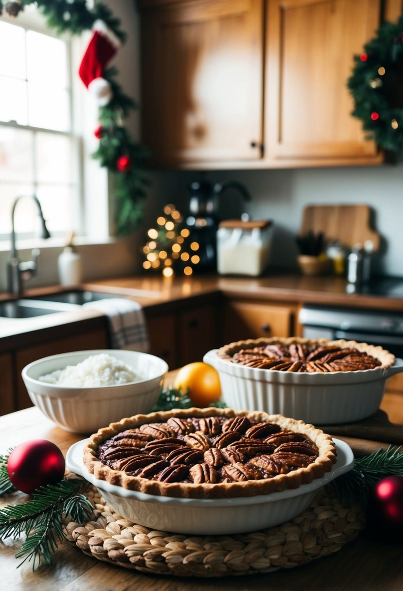 A rustic kitchen table with a freshly baked pecan pie surrounded by holiday decorations and ingredients