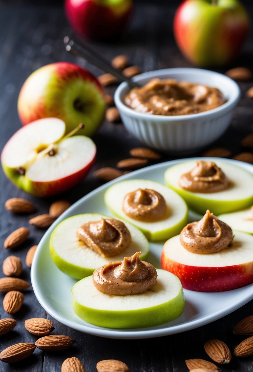 A plate of apple slices topped with almond butter, surrounded by scattered almonds and an apple core