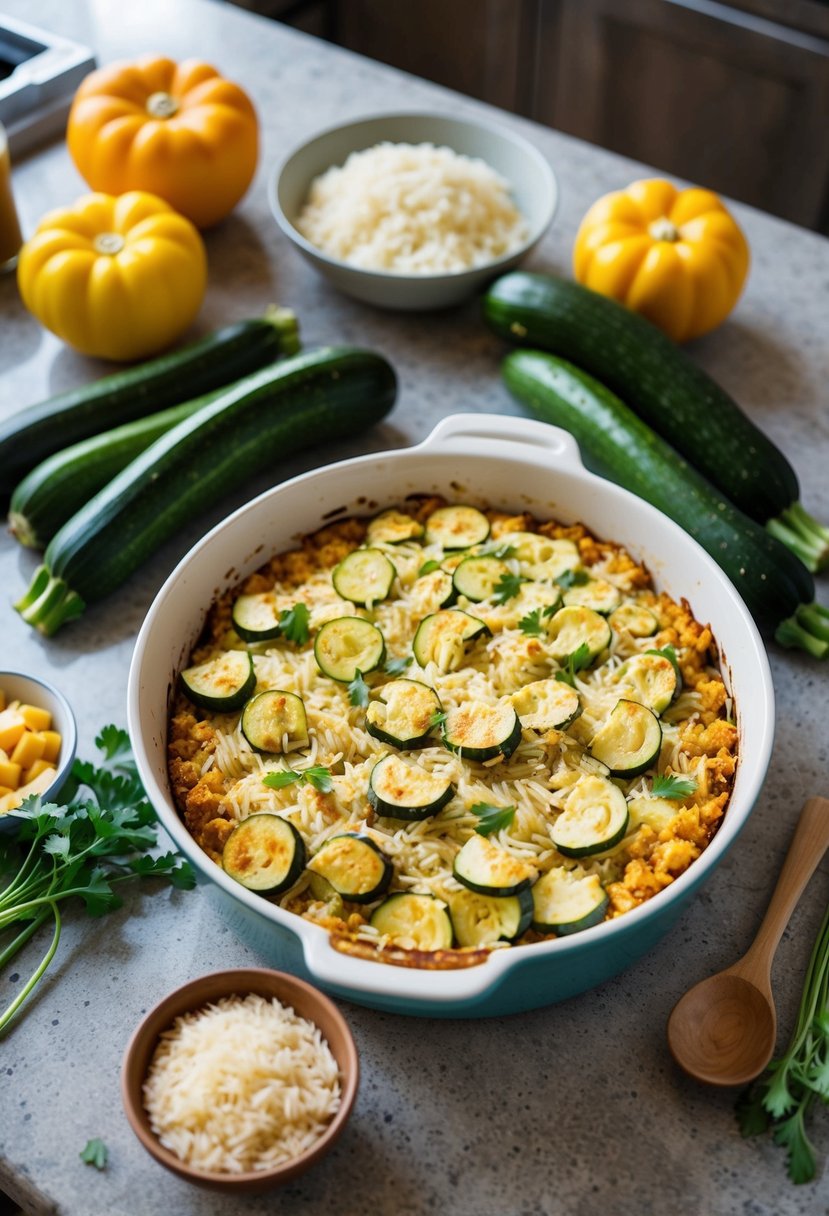 A rustic kitchen countertop with a baking dish filled with zucchini and rice bake, surrounded by fresh zucchinis, rice, and other ingredients