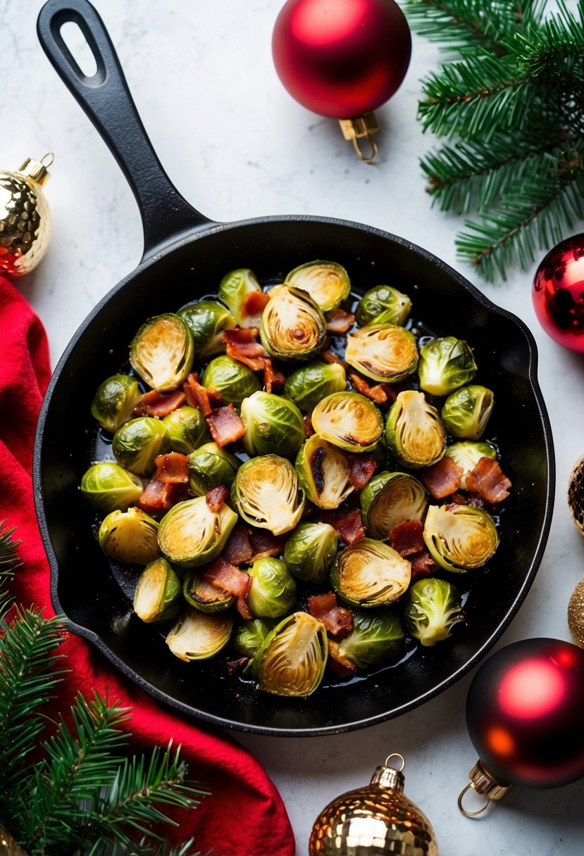 A sizzling skillet of roasted Brussels sprouts and bacon, surrounded by festive holiday decorations