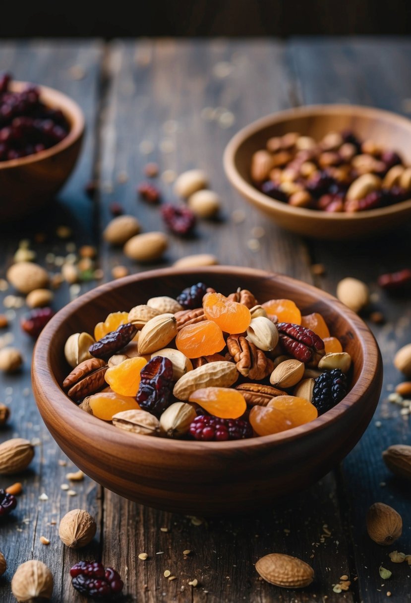 A wooden bowl filled with a variety of nuts and dried fruits, surrounded by scattered ingredients on a rustic table