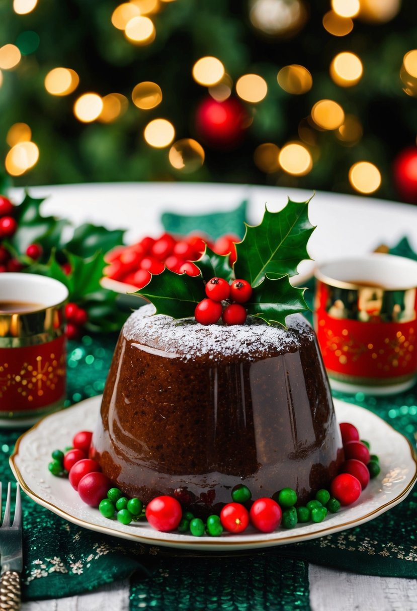 A festive Christmas pudding surrounded by holly and berries on a decorated table