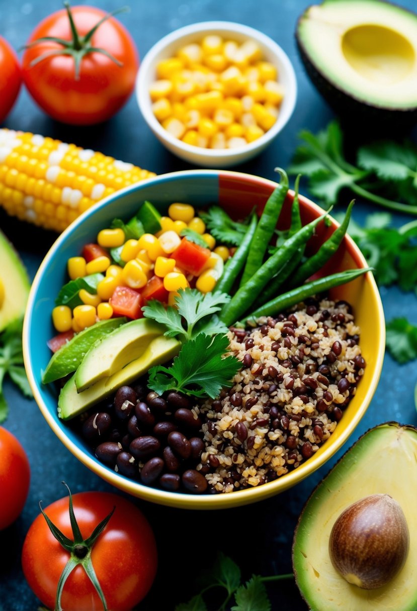 A colorful bowl filled with quinoa, black beans, and fresh vegetables, surrounded by vibrant ingredients like tomatoes, corn, and avocado