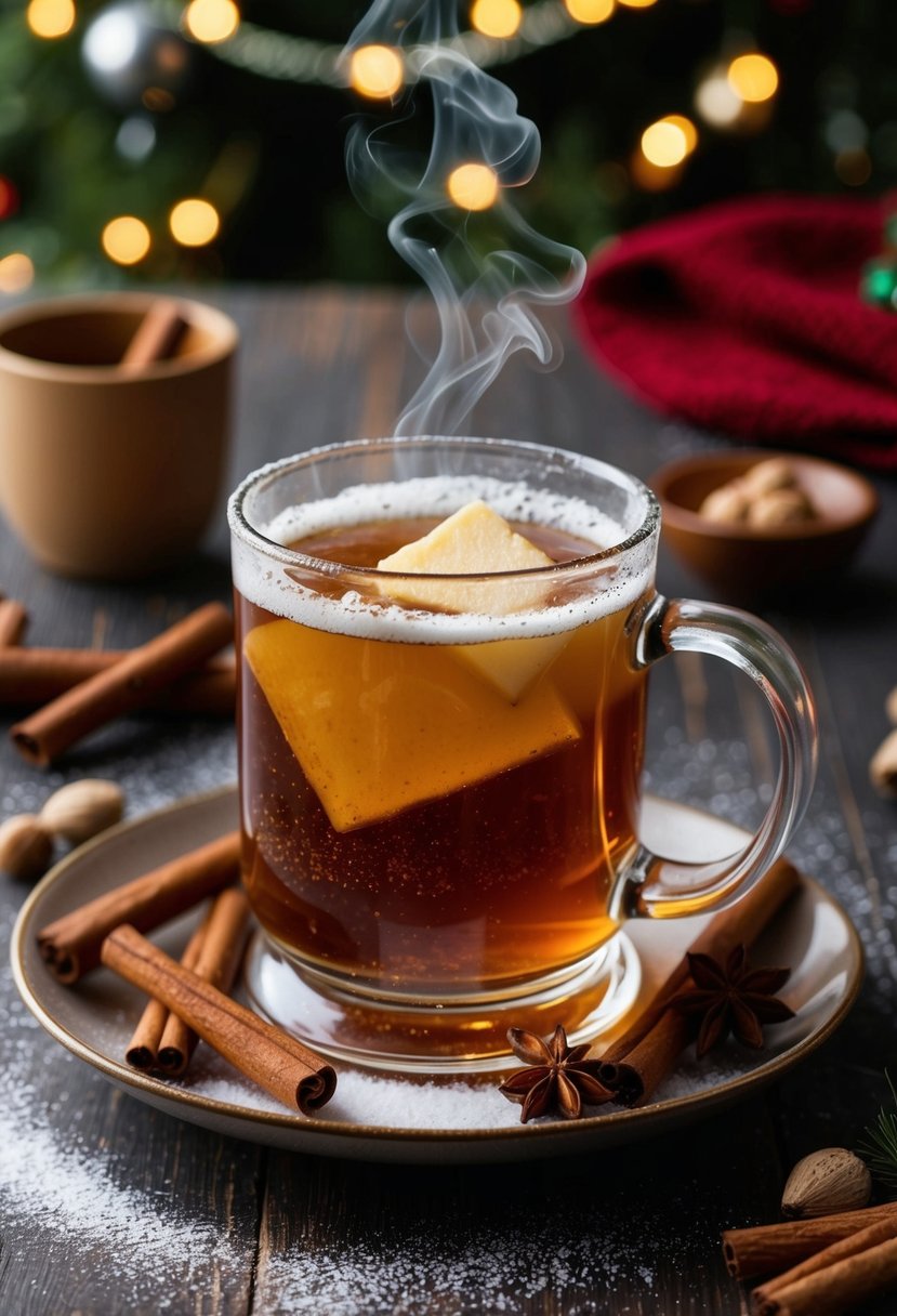 A steaming mug of buttered rum sits on a cozy holiday table, surrounded by cinnamon sticks, nutmeg, and a sprinkle of powdered sugar