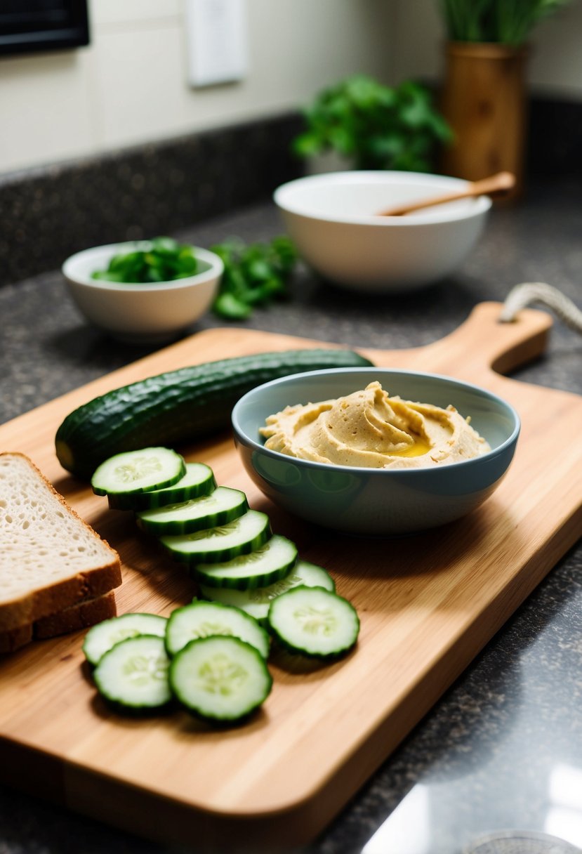 A wooden cutting board with sliced cucumbers, a bowl of hummus, and whole grain bread on a kitchen counter