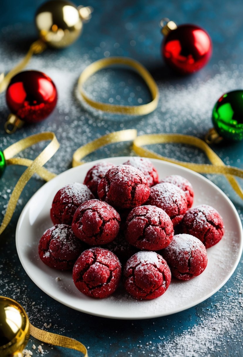 A festive plate of red velvet snowball cookies surrounded by holiday decorations and a sprinkle of powdered sugar