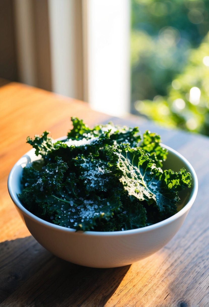 A bowl of kale chips sprinkled with sea salt on a wooden table. Sunlight streams in through a nearby window, casting warm shadows on the healthy snack